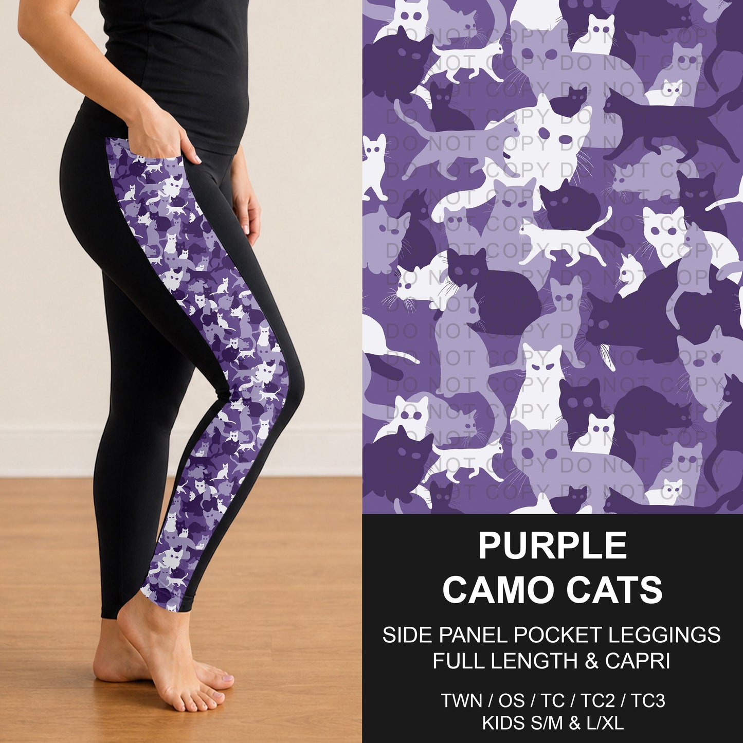 B310 - Preorder Purple Camo Cats Side Panel Pocket Leggings (Closes 8/30. ETA: late Oct.)