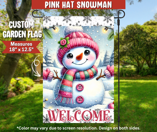 Pink Hat Snowman Garden Flag