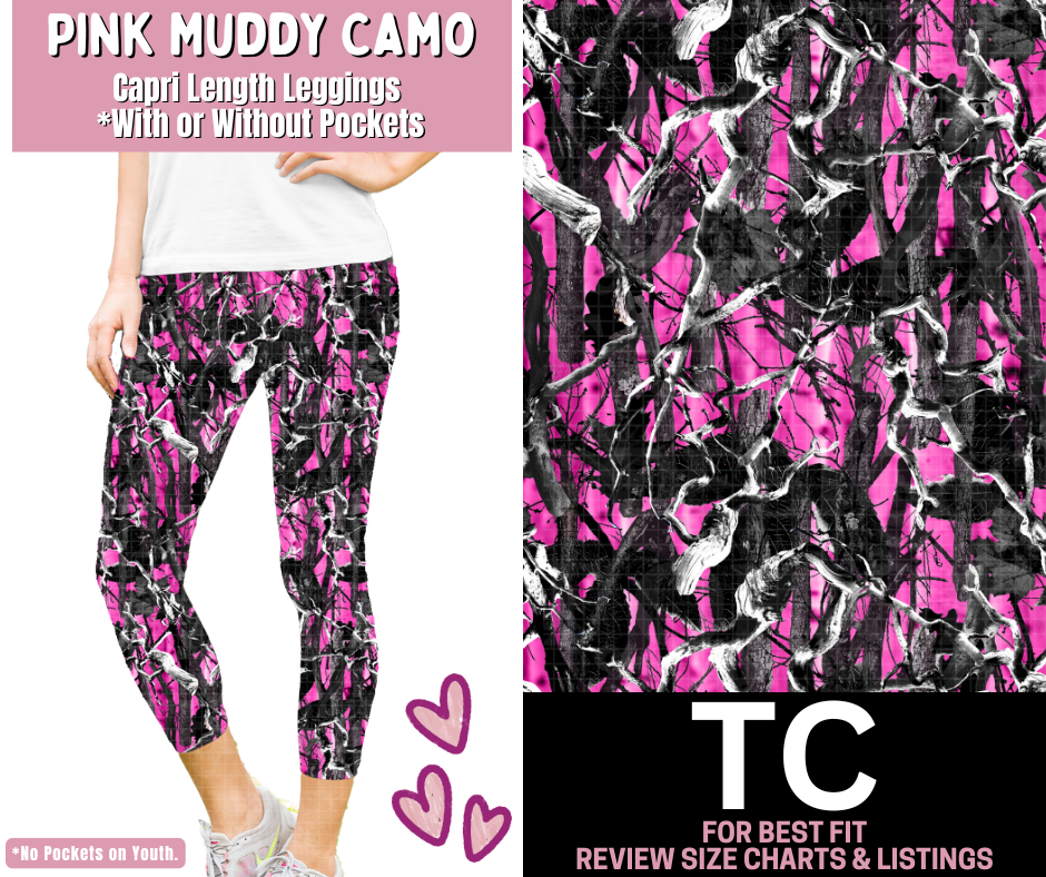 Pink Muddy Camo Capri Length Leggings w/ Pockets