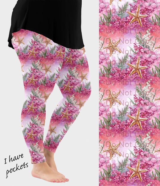 RTS - Pink Starfish Leggings with Pockets