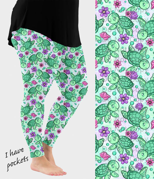RTS - Pretty Green Sea Turtle Leggings w/ Pockets