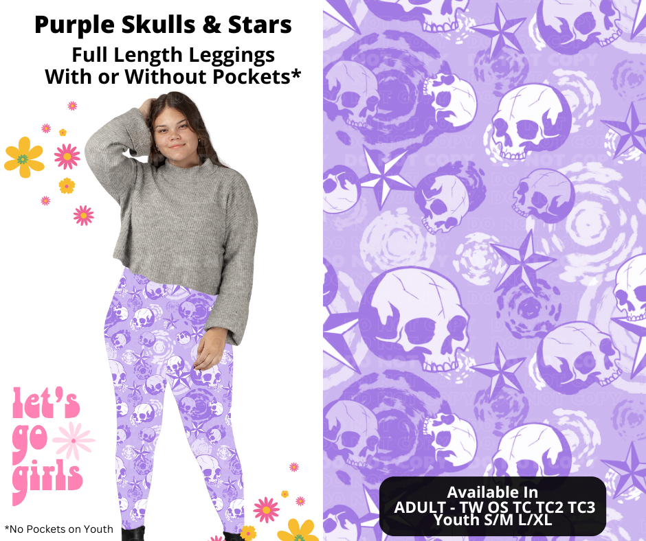 Preorder! Closes 12/16. ETA Feb. Purple Skulls & Stars Full Length Leggings w/wo Pockets