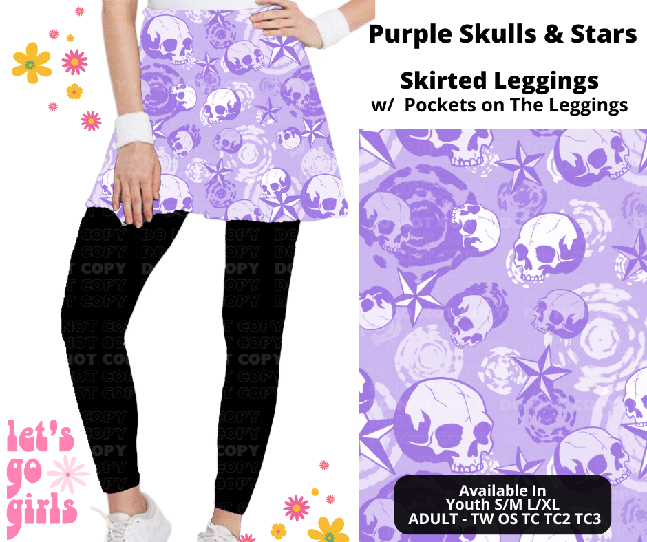 Preorder! Closes 12/16. ETA Feb. Purple Skulls & Stars Skirted Full Length Leggings w/ Pockets