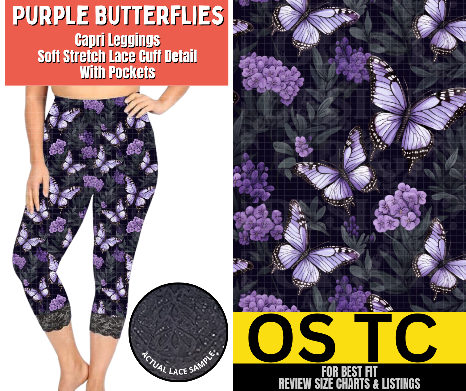 Purple Butterflies Lace Cuff Capris w/ Pockets
