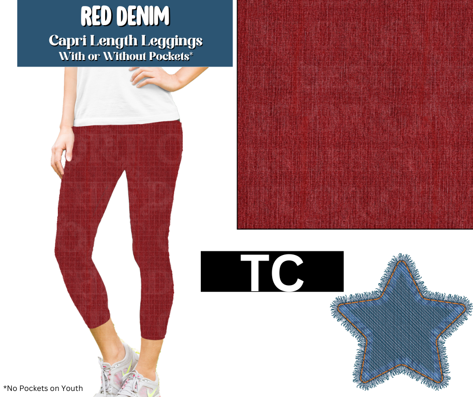 Red Denim Capri Length Leggings w/ Pockets