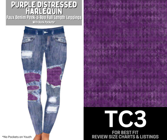 Purple Distressed Harlequin Faux Denim Full Length Peekaboo Leggings