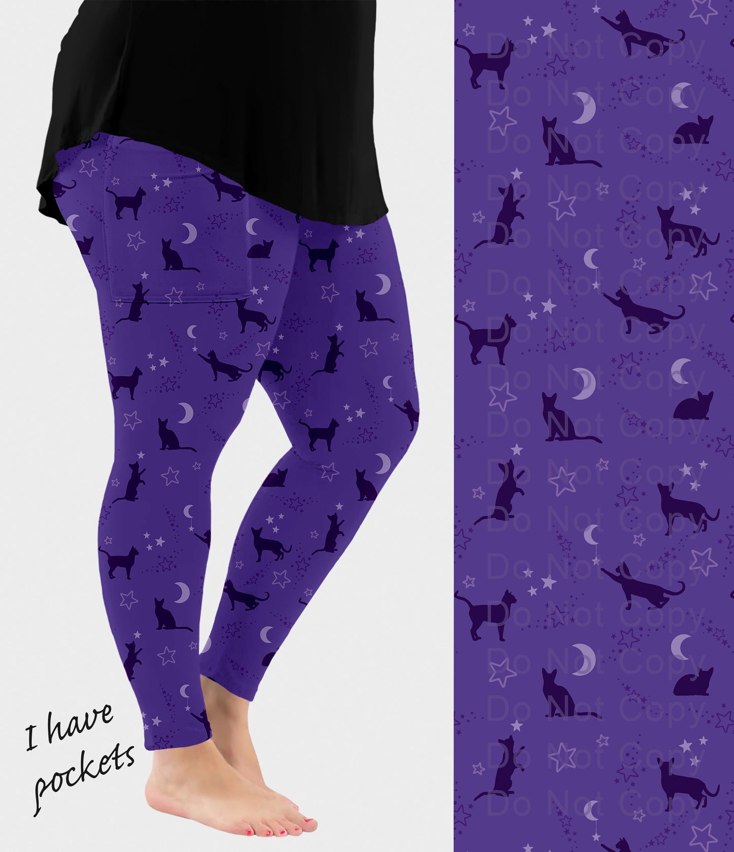RTS - Purple Star Moon Kitty Leggings w/ Pockets
