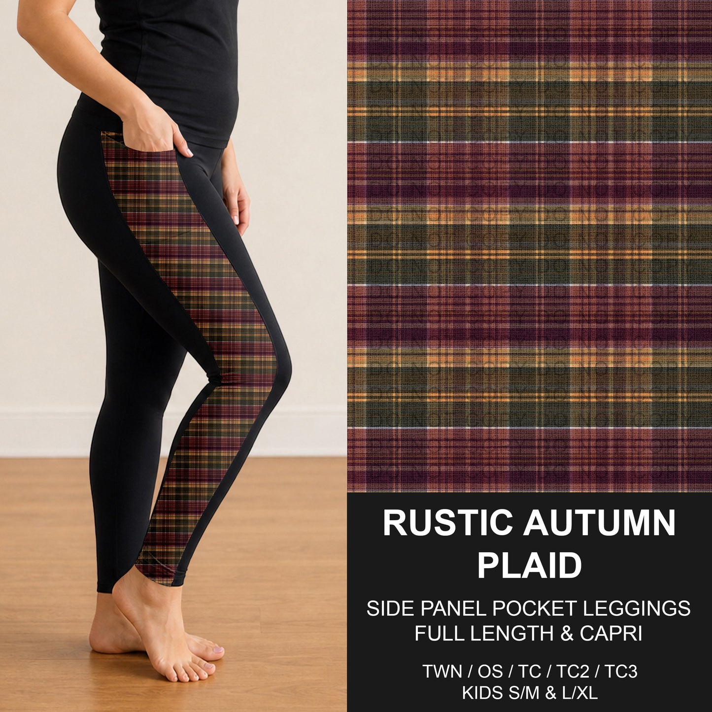 B308 - Preorder Rustic Autumn Plaid Side Panel Pocket Leggings (Closes 8/16. ETA: late Oct.)