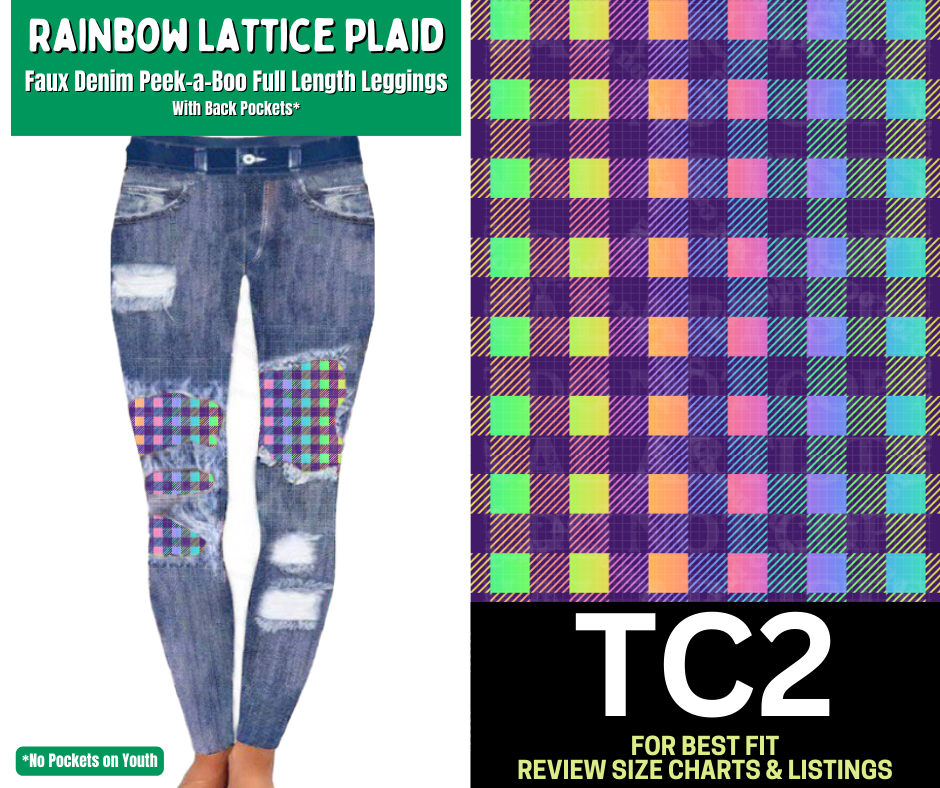 Rainbow Lattice Plaid Faux Denim Full Length Peekaboo Leggings