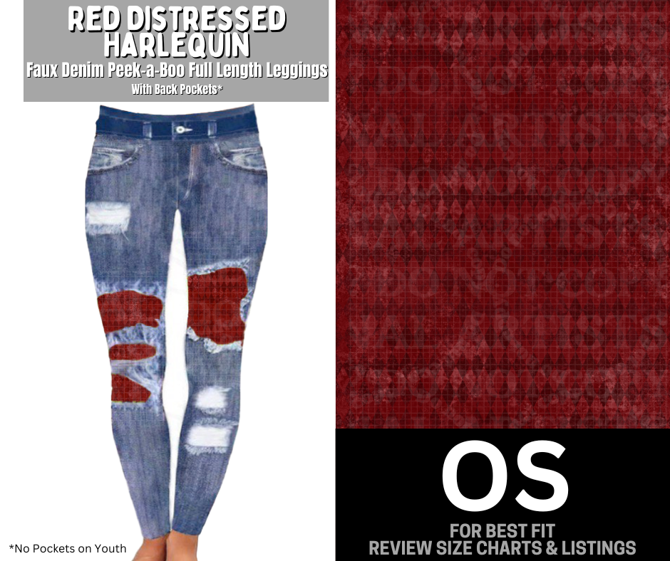 Red Distressed Harlequin Faux Denim Full Length Peekaboo Leggings