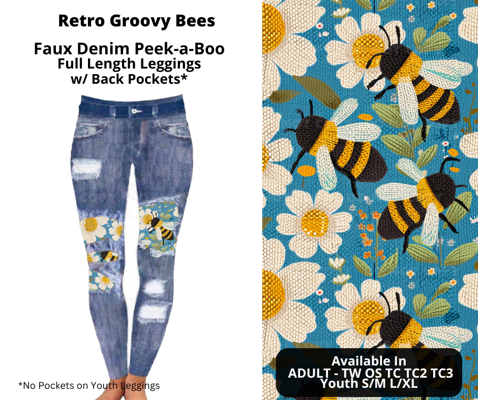 Preorder! Closes 11/20. ETA Jan. Retro Groovy Bees Faux Denim Peekaboo Full Length