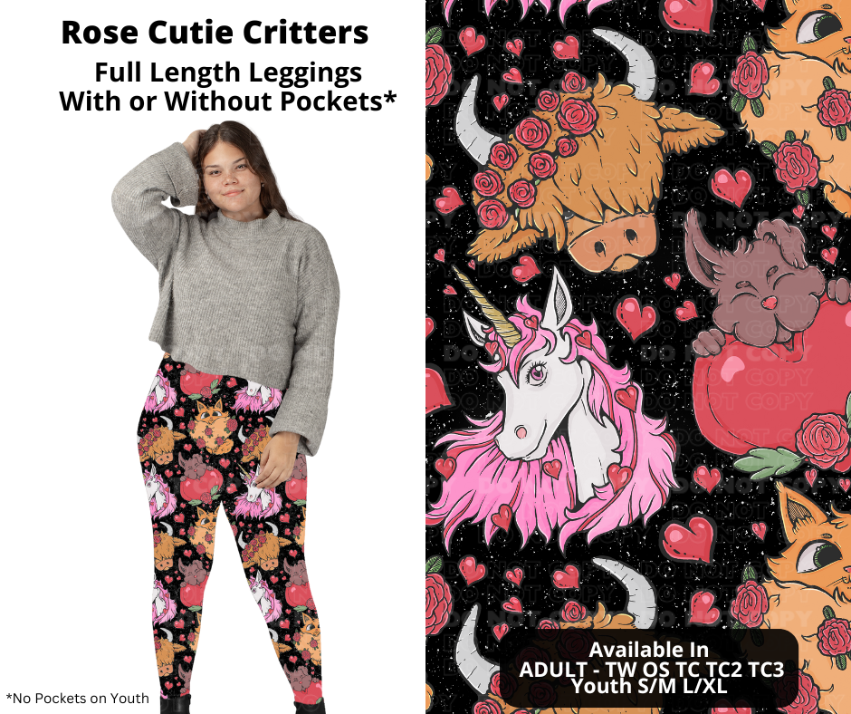 Preorder! Closes 11/28. ETA Feb. Rose Cutie Critters Full Length Leggings w/wo Pockets