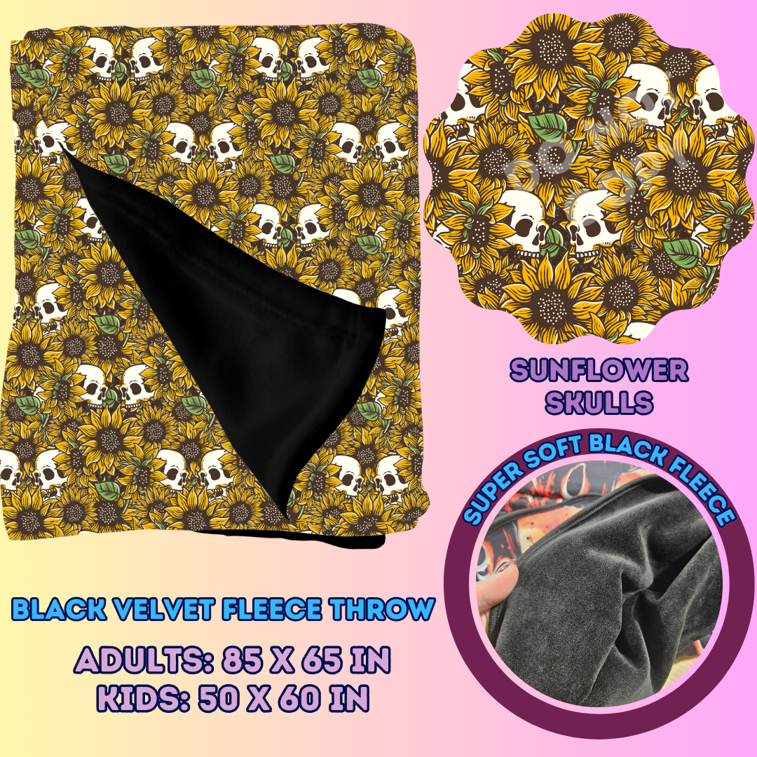 SUNFLOWER SKULLS - SOFT BLACK FLEECE THROWS 7 - PREORDER CLOSING 1/13