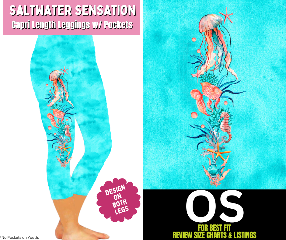 Saltwater Sensation Watercolor Capri Leggings w/ Side Leg Designs