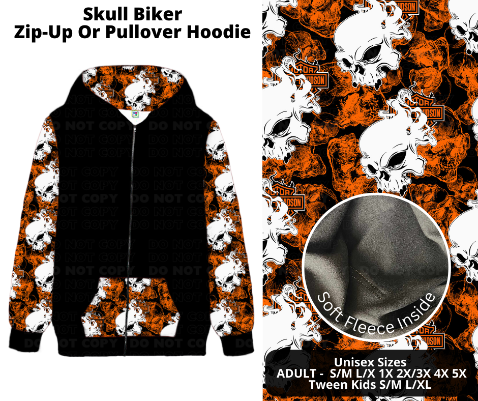 Preorder! Closes 11/27. ETA Feb. Skull Biker Zip-Up or Pullover Hoodie