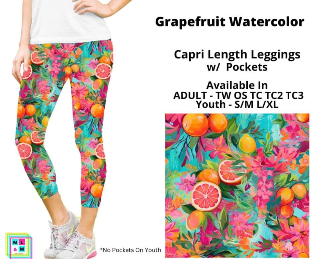 Grapefruit Watercolor Capri Length w/ Pockets