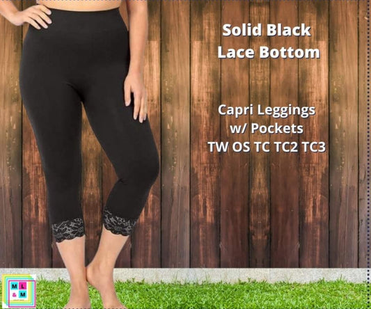 Black Lace Cuff Capri Leggings w/ Pockets