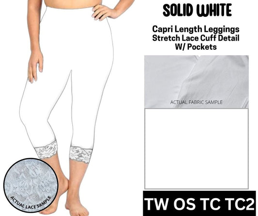 Solid White Lace Cuff Capris w/ Pockets