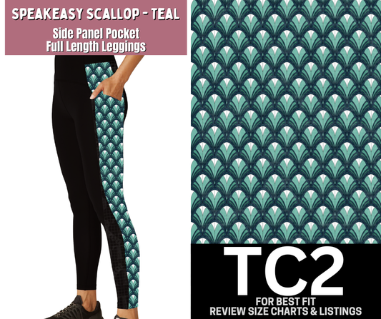 Speakeasy Scallop - Teal Side Panel Pocket Full Length Leggings