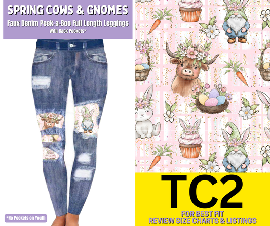Spring Cows & Gnomes Faux Denim Full Length Peekaboo Leggings