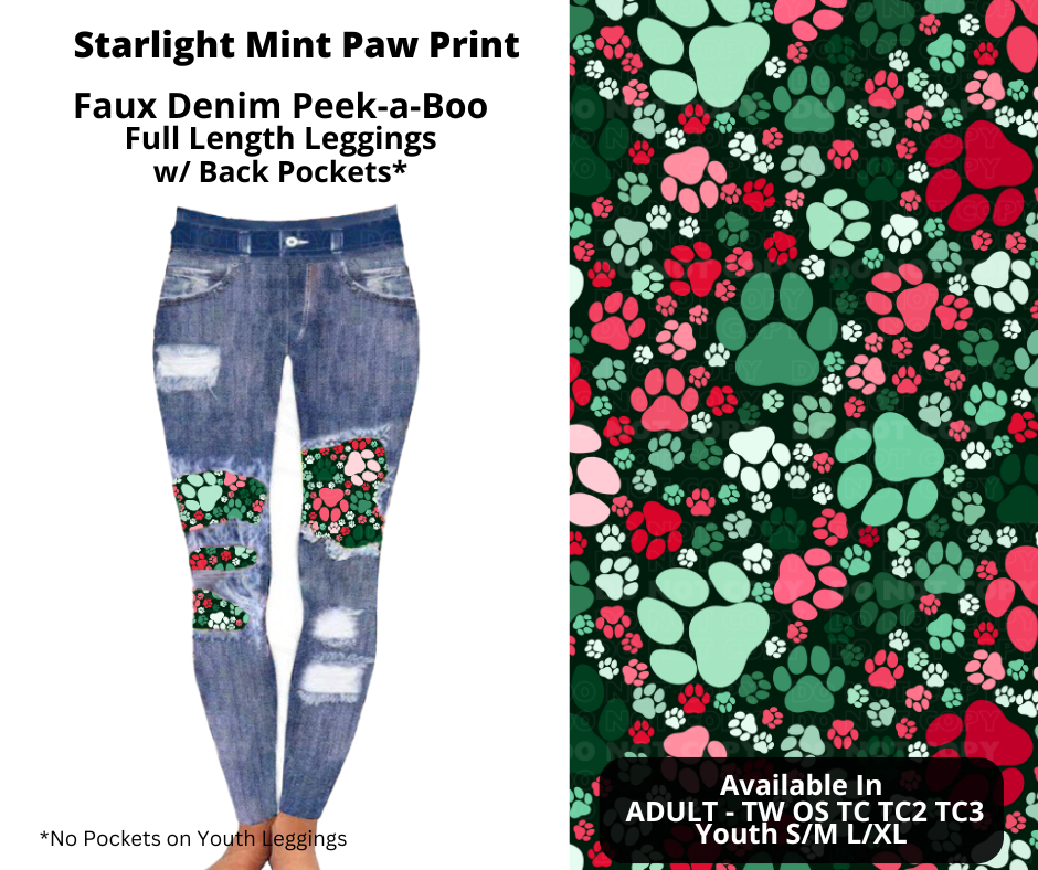 Starlight Mint Paw Print Faux Denim Full Length Peekaboo Leggings