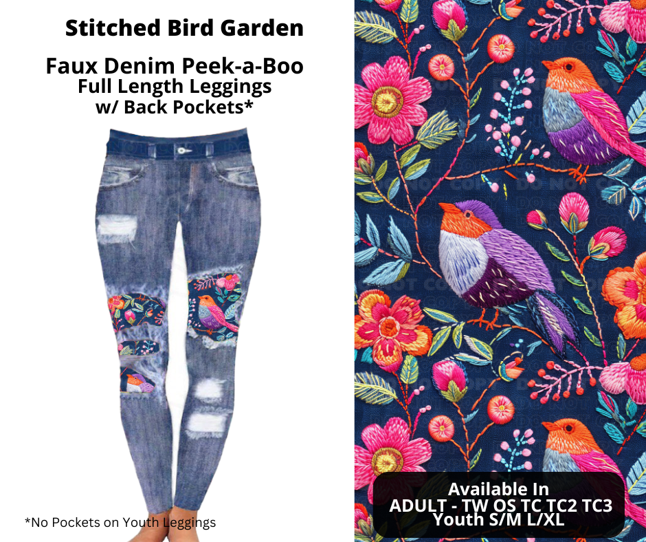 Preorder! Closes 11/20. ETA Jan. Stitched Bird Garden Faux Denim Peekaboo Full Length