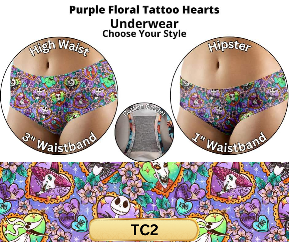 Purple Floral Tattoo Hearts Hipster Underwear