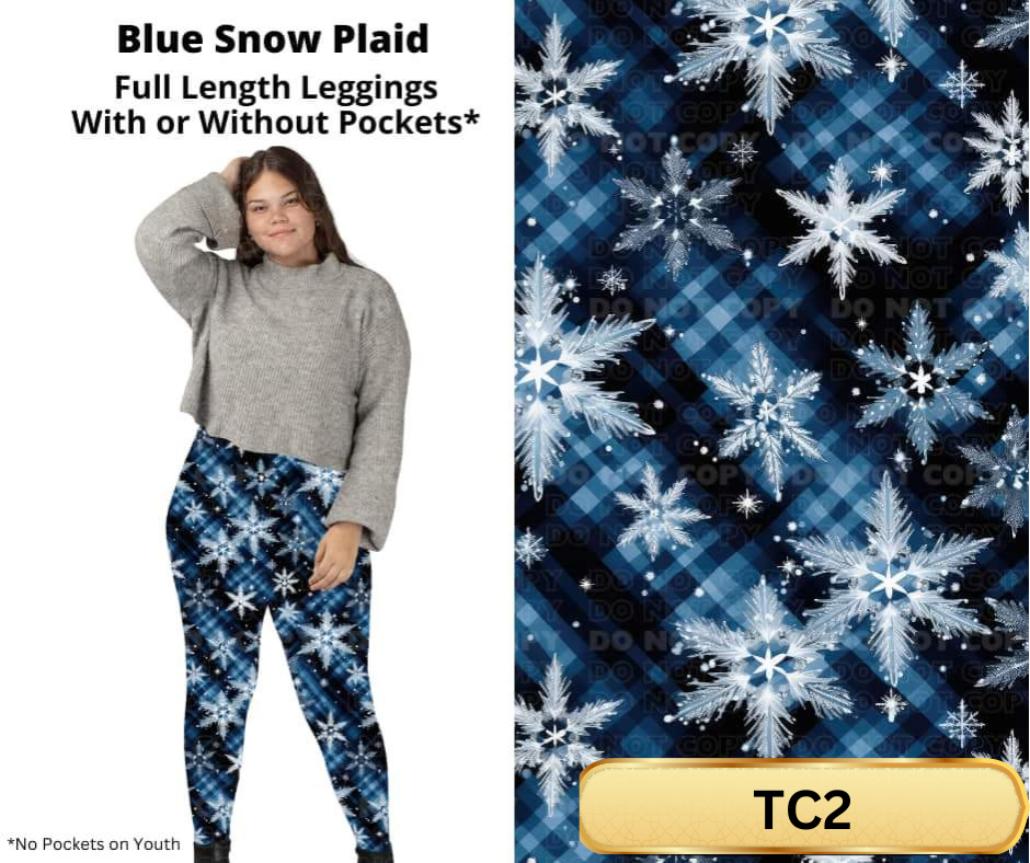 Blue Snow Plaid Full Length Leggings w/ Pockets