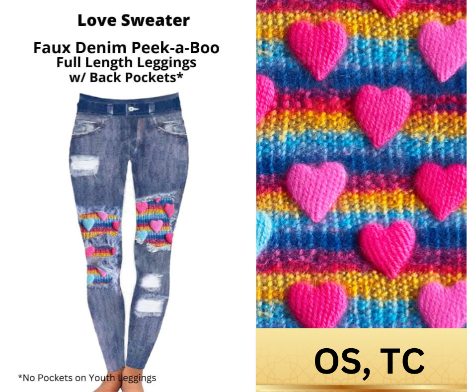 Love Sweater Faux Denim Full Length Peekaboo Leggings