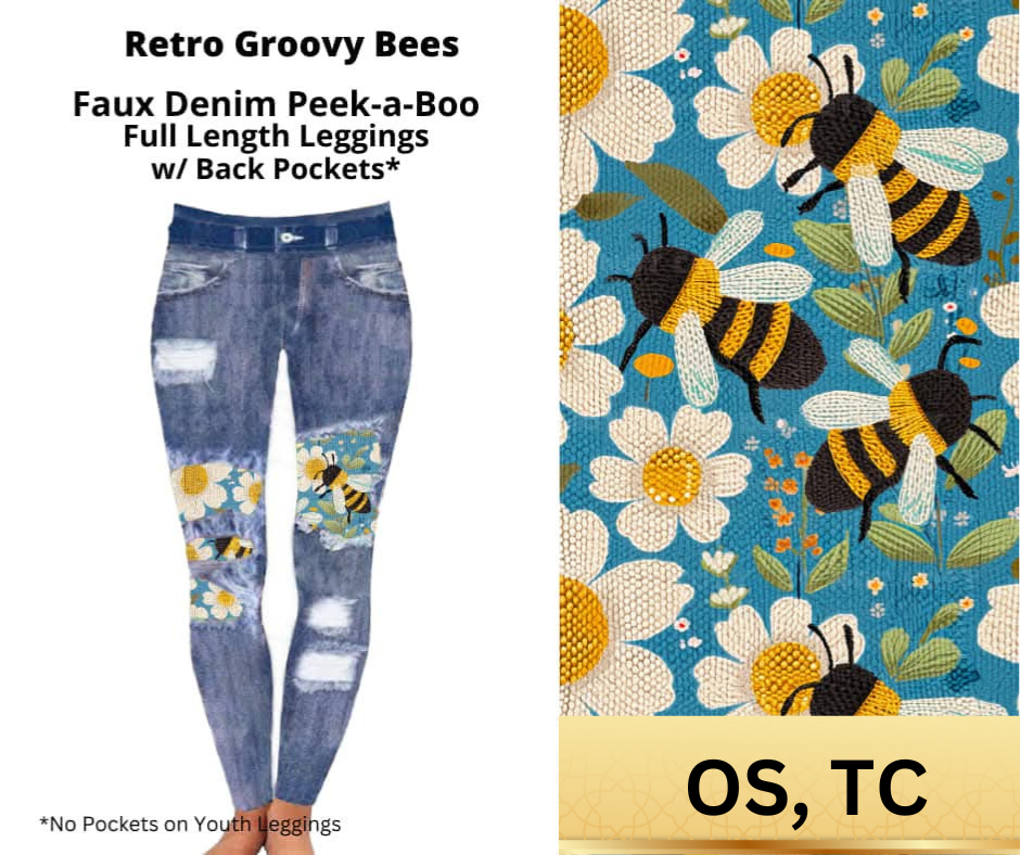 Retro Groovy Bees Faux Denim Full Length Peekaboo Leggings