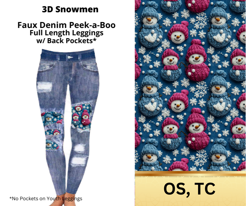 3D Snowmen Faux Denim Full Length Peekaboo Leggings