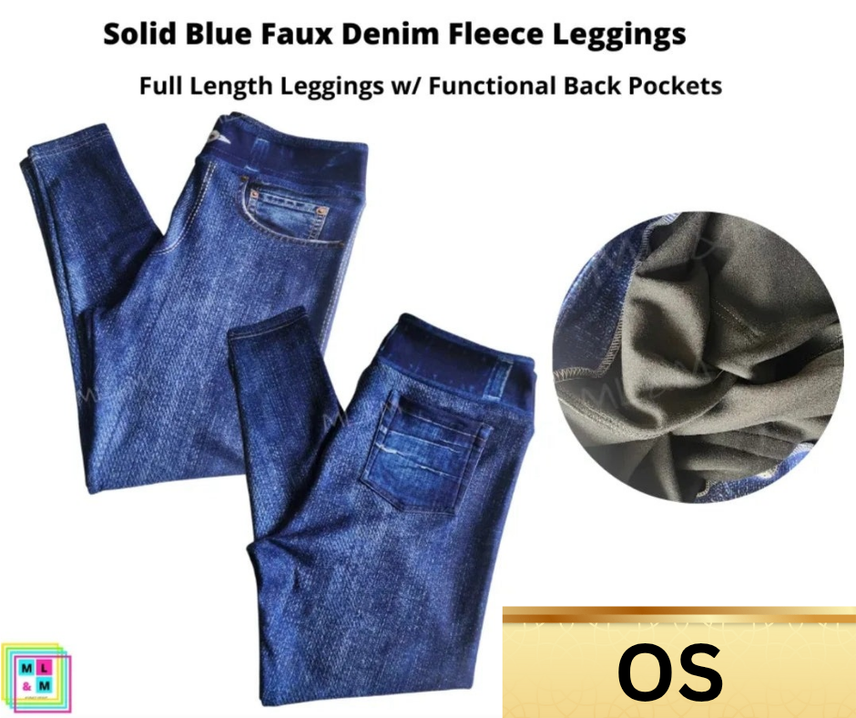 Solid Blue Faux Denim Fleece Leggings