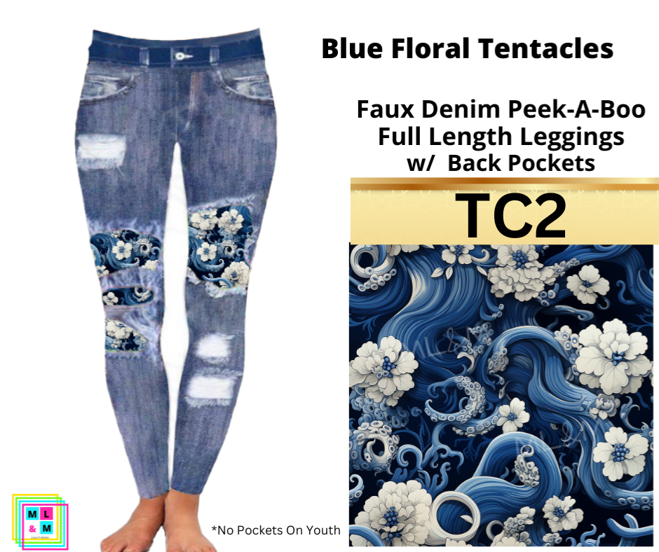 Blue Floral Tentacles Faux Denim Full Length Peekaboo Leggings