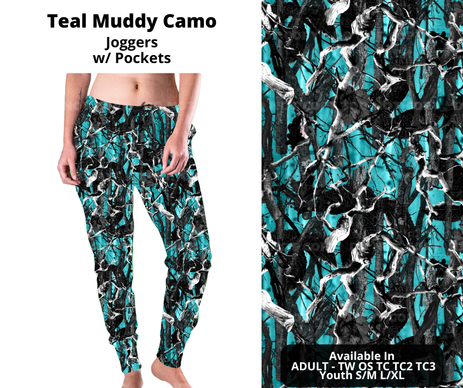 Preorder! Closes 11/27. ETA Feb. Teal Muddy Camo Joggers