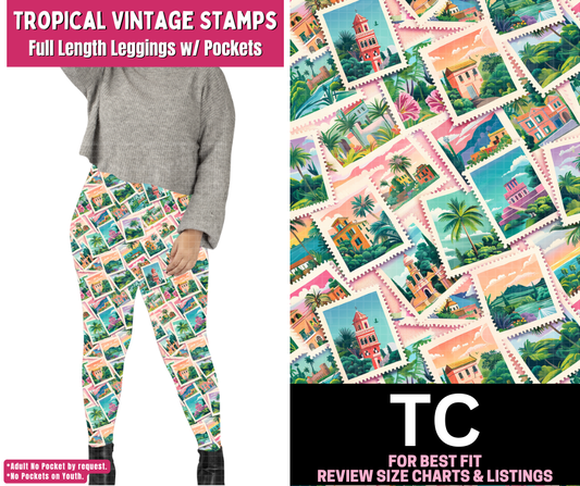 Tropical Vintage Stamps Full Length Leggings w/ Pockets