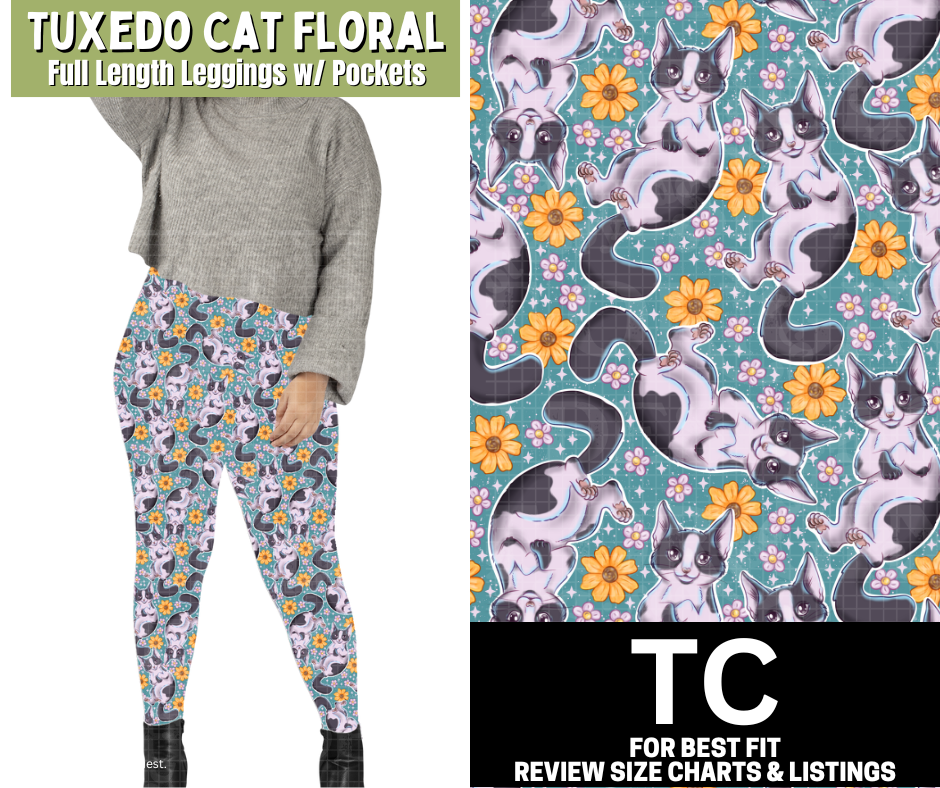 Tuxedo Cat Floral Full Length Leggings w/ Pockets