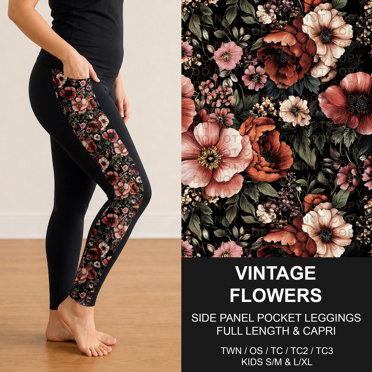 B314 - Preorder Vintage Flowers Side Panel Pocket Leggings (Closes 9/27. ETA: late Nov.)