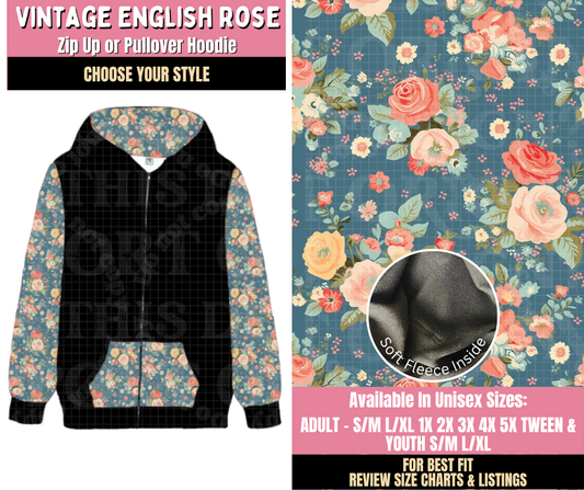 Preorder! Closes 10/15. ETA Jan. Vintage English Rose Zip-Up or Pullover Hoodie