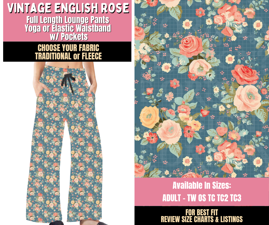 Preorder! Closes 10/15. ETA Jan. Vintage English Rose Lounge Pants Choose Fleece or Traditional