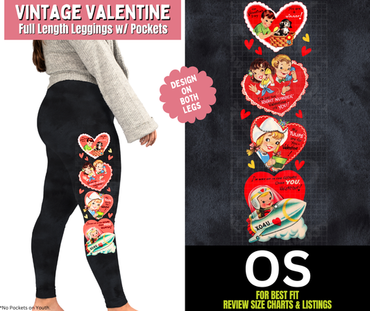 Vintage Valentine Watercolor Full Length Leggings w/ Side Leg Designs