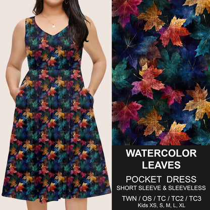 B302 - Preorder Watercolor Leaves Pocket Dress (Closes 7/24. ETA: early Oct)