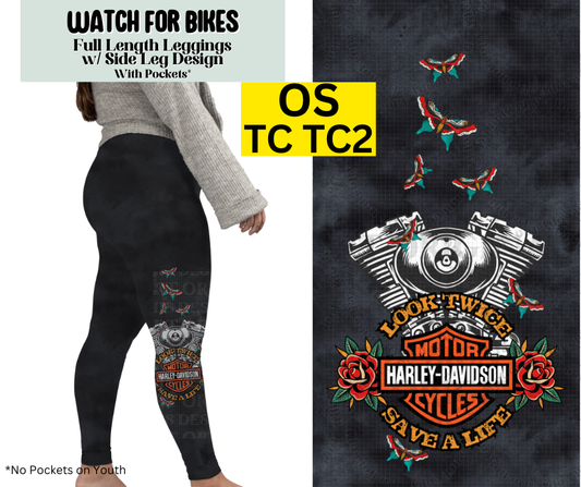 Watch For Bikes Full Length Leggings w/ Side Leg Designs