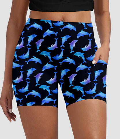 RTS - Watercolor Dolphins Biker Shorts w/ Pockets