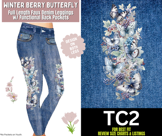Winter Berry Butterfly Full Length Faux Denim w/ Side Leg Designs