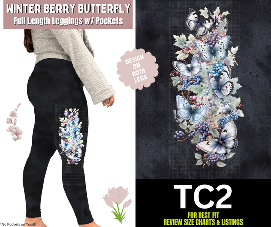 Winter Berry Butterfly Watercolor Full Length Leggings w/ Side Leg Designs