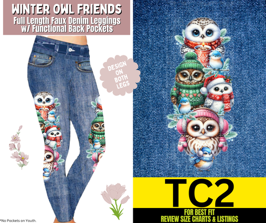 Winter Owl Friends Full Length Faux Denim w/ Side Leg Designs