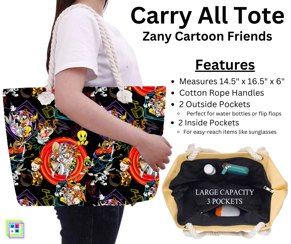 Zany Cartoon Friends Carry All Tote w/ Zipper