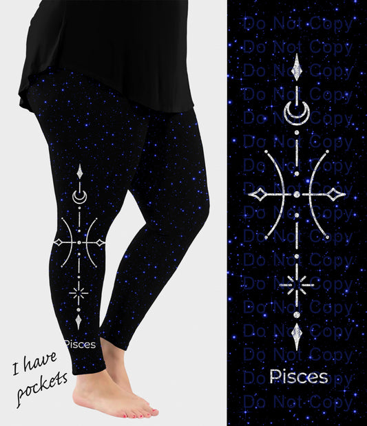 RTS - Pisces Zodiac Sign Side Design Leggings w/ Pockets