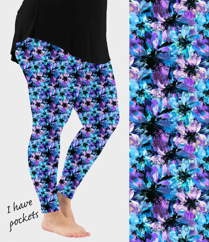 RTS - Blue Abstract Flowers Leggings w/ Pockets