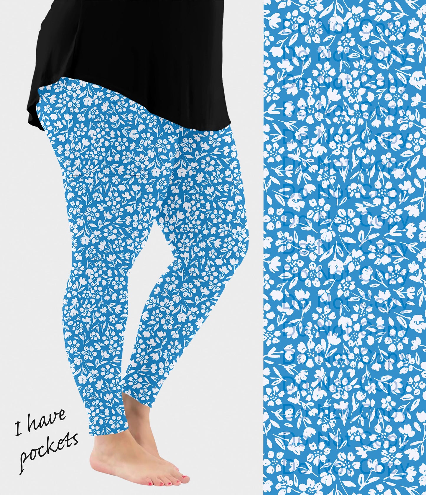RTS - Blue Dainty Floral Leggings w/ Pockets